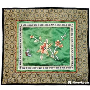Antique Chinese Hand Embroidered Silk Panel Butterfly & Flowers Green Background